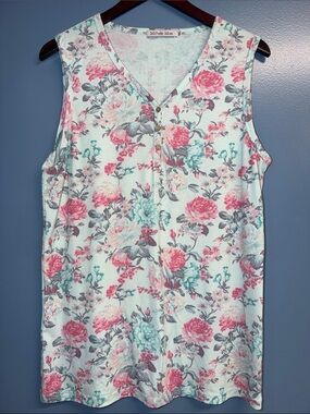 Michelle Mae Floral Sleeveless fine ribbed Tank Top in Pink, Teal, Gray